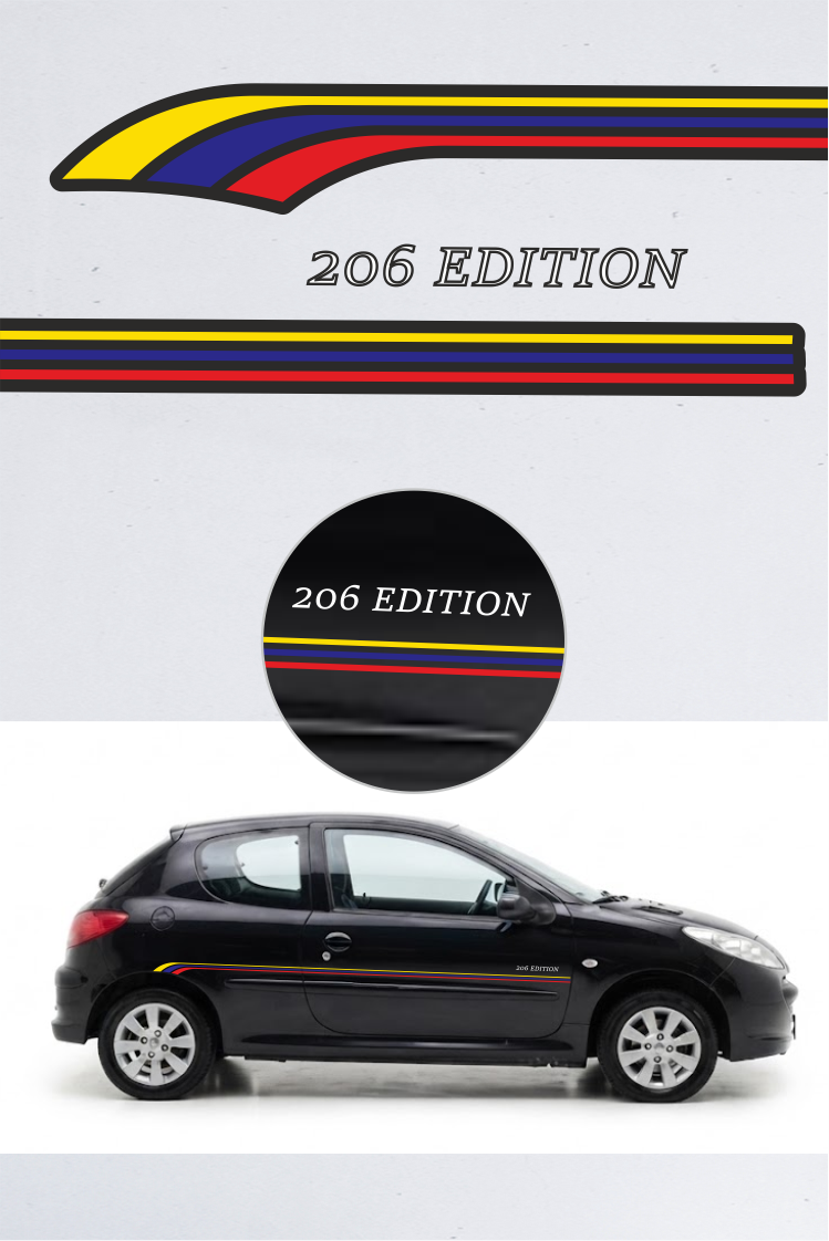 Faixas Laterais Peugeot Edition O kit inclui: 2 adesivos: 1 para o lado esquerdo + 1 para o lado direito e 2 letrings de corte com o a palavra 26 edition. Material: Vinil recortado + Vinil Impresso de alta durabilidade/resistência a lavagens). Aplicação: Vidros, lataria, para-choques, etc. Marca do Produto: Hexis Graphics